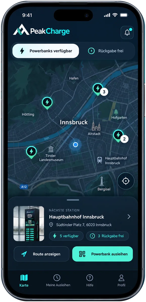 PeakCharge-App mit Stationskarte von Innsbruck