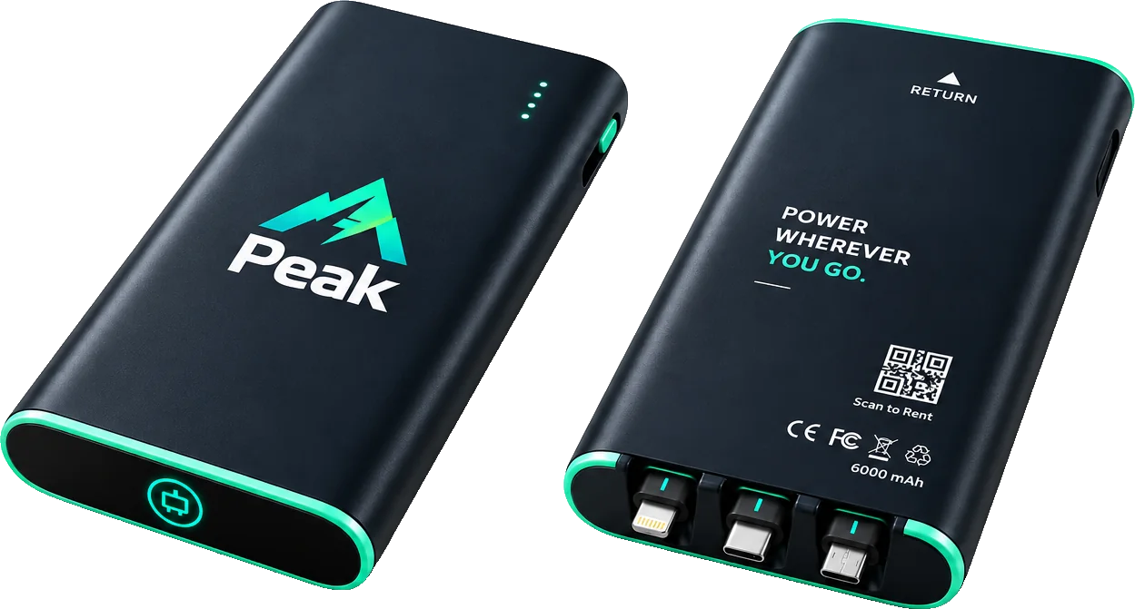 Powerbank The Peak, Vorder- und Rückseite mit drei integrierten Kabeln